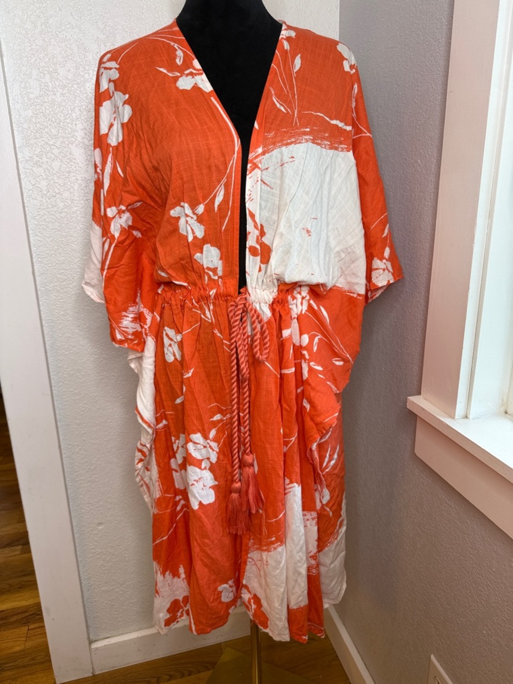 Blue Island beach Orange White Kimono Cover Up One Size Tassel Waist Resortwear